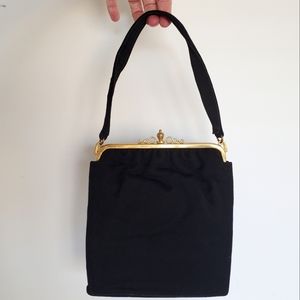 1960s ROSENFELD Black Fabric Bag Purse Clutch w Gold Clamp Closure EUC